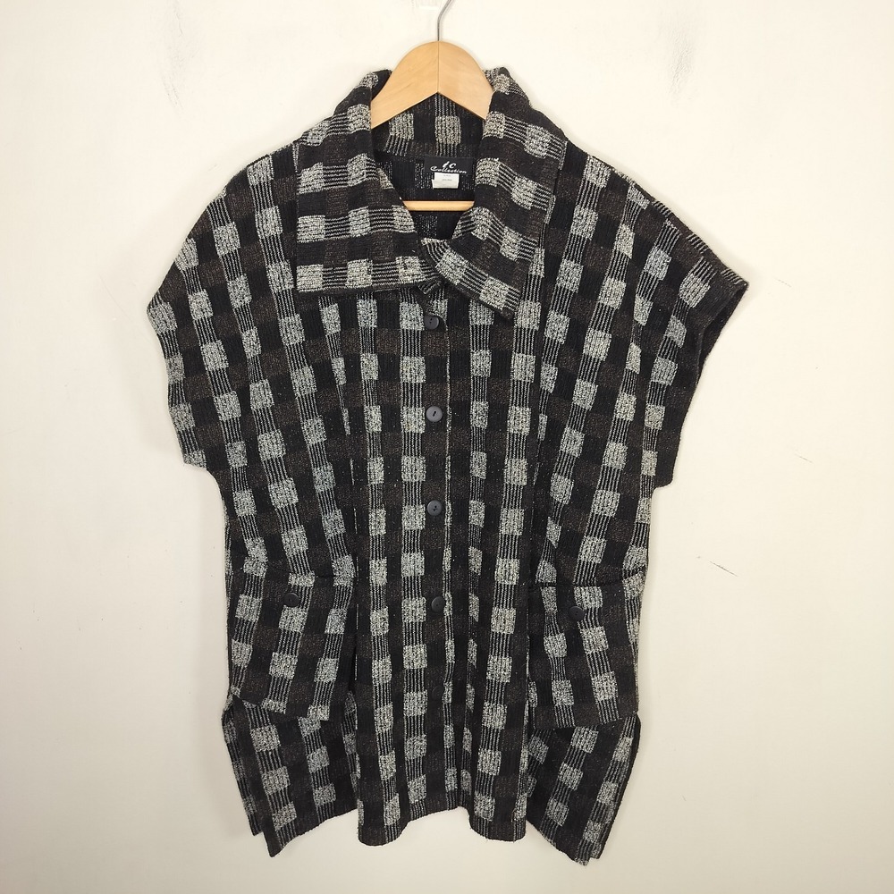IC‎ Collection Cap Sleeve Asymmetric Vest Polyester Wool Check Buttons